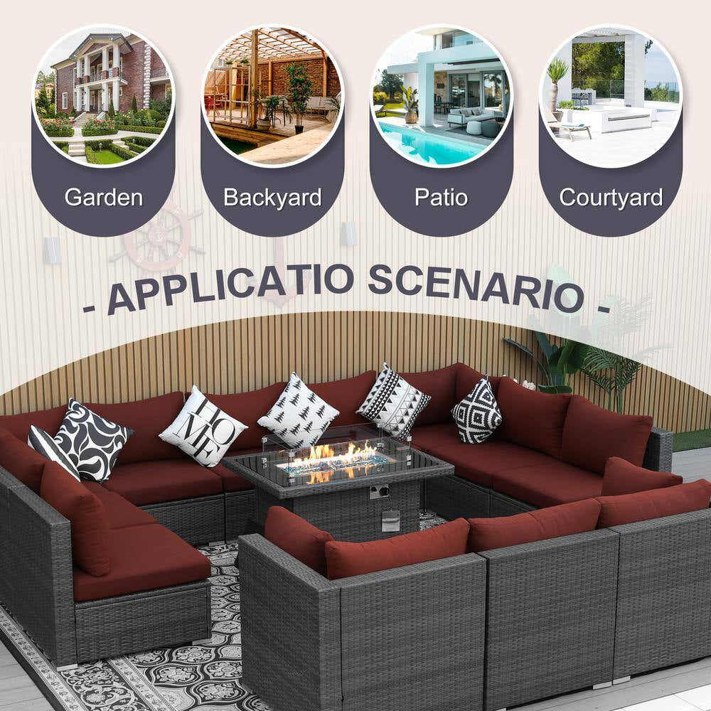 Large Gray 13-Piece 12-Seats Wicker Patio Fire Pit Sofa Set with Light Red Cushions and 43 In. Fire Pit Table