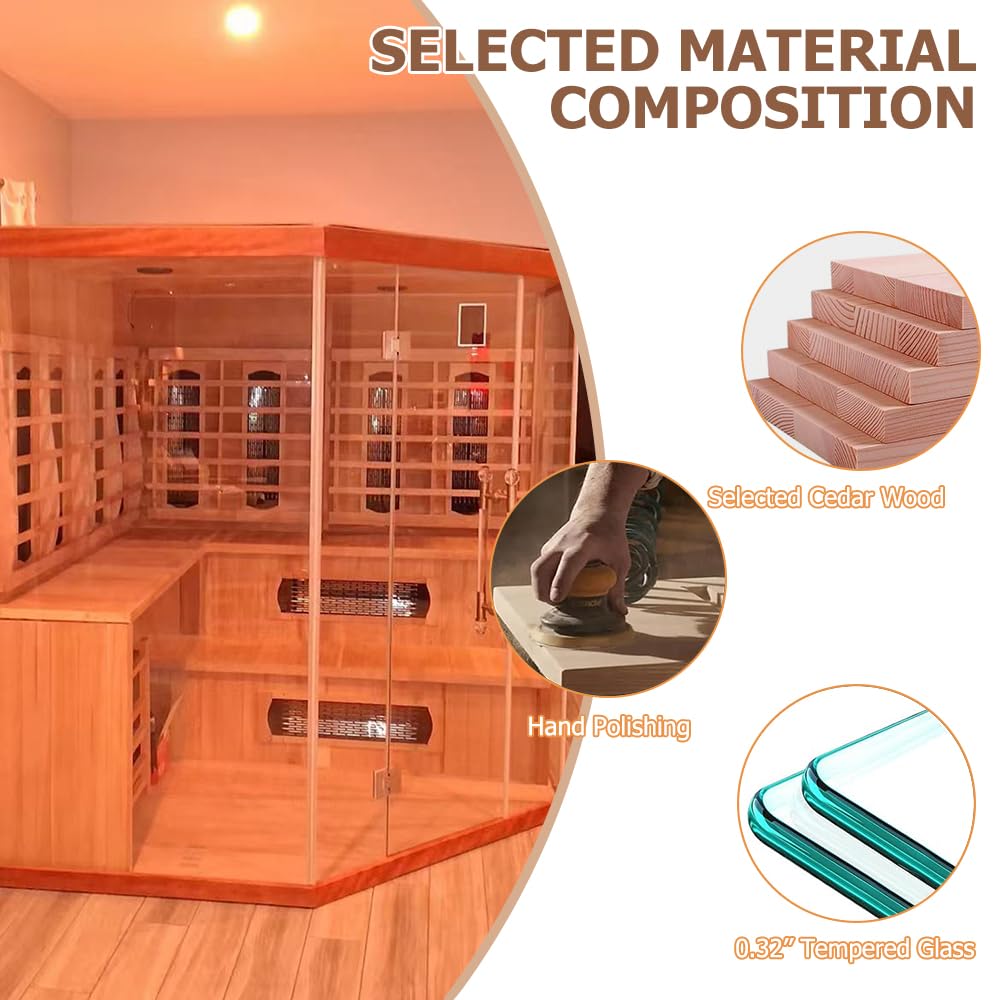 Smartmak 6-8 Person Hybrid Corner Home Wood Sauna, Canadian Red Cedar WiFi Indoor Traditional Steam & Full Spectrum Infrared Saunas Spa, 10 Heating Elements & Harvia Stove (0-195℉)