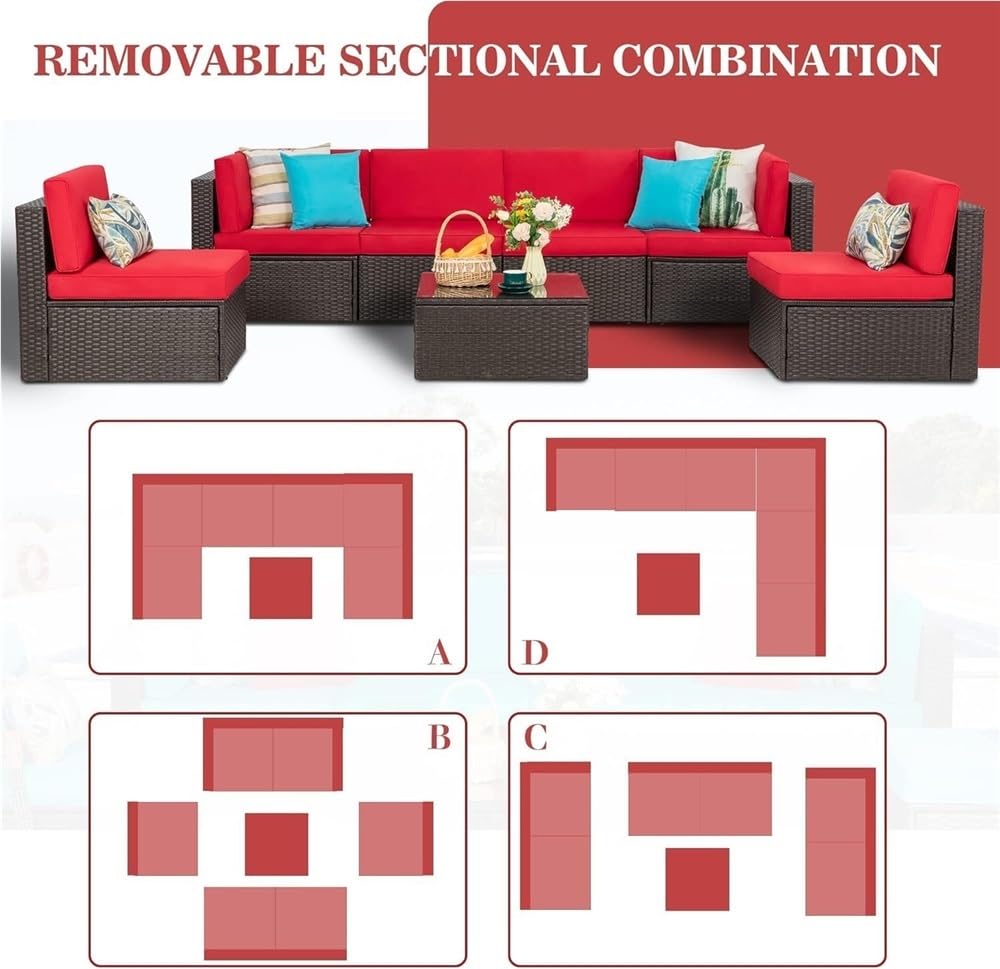 UOPYNE 8 Pieces Outdoor Patio Porch Furniture Sets with Propane Fire Pit Outdoor Wicker Sofa Set Rattan Patio Furniture with Tea Table and Comfortable Cushions