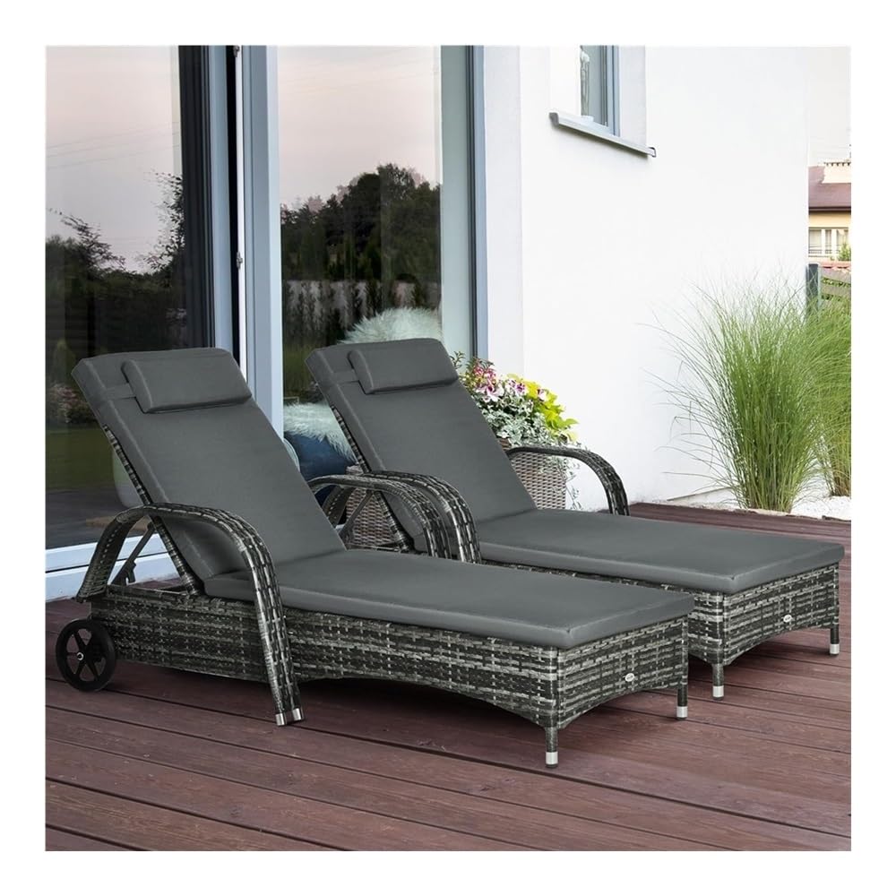 2 Pieces Patio PE Wicker Chaise Lounge with Wheels, Pool Patio Chaise, Adjustable Backrest PE Rattan Pool Lounge Chair with Wheels,Outdoor Patio Furniture Set, for Outside Sunbathing Camping Beach