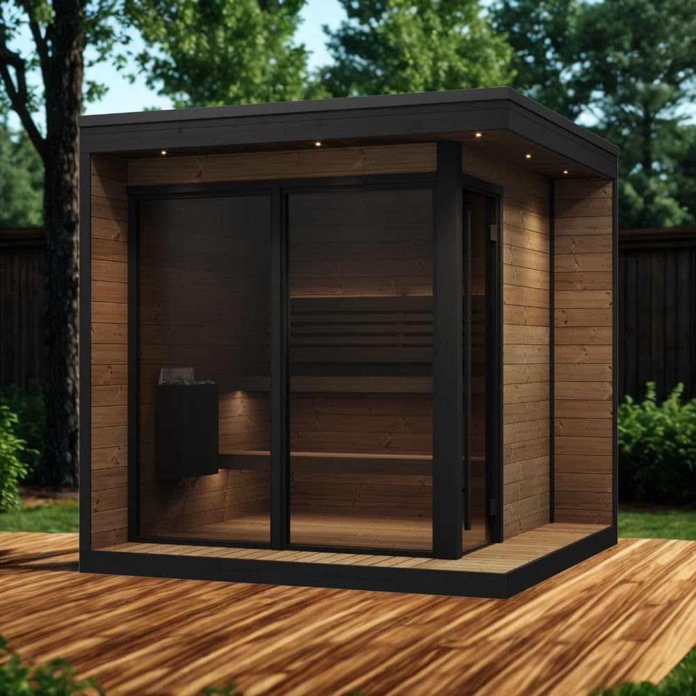saunalife GL6 Outdoor Sauna Kit, Garden Luxury-Series Outdoor DIY Sauna Kit, Thermo-Spruce, up to 6 Persons Bundles (Sauna Heater and Sauna Stones Included) (Drop 9 WiFi - Glass)
