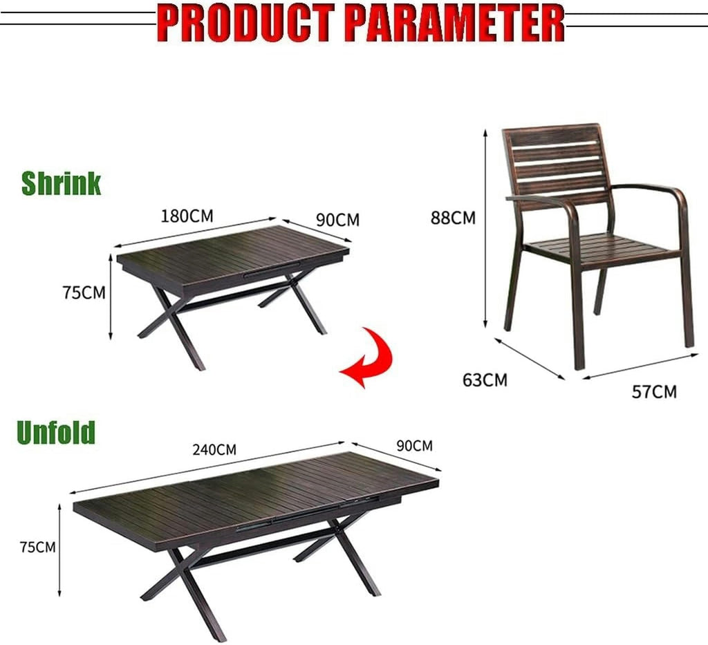 JOMRTS Patio Dining Set 11-Piece Aluminum Tableware Set for Outdoor Terrace, Extendable Table and Stackable Storage Chairs, Easy-to-Clean, All-Weather