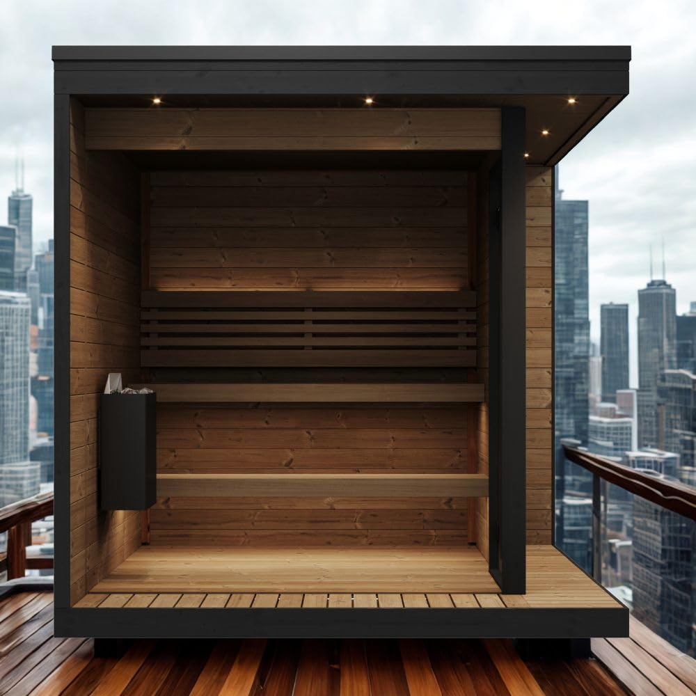 saunalife GL6 Outdoor Sauna Kit, Garden Luxury-Series Outdoor DIY Sauna Kit, Thermo-Spruce, up to 6 Persons Bundles (Sauna Heater and Sauna Stones Included) (Drop 9 WiFi - Glass)