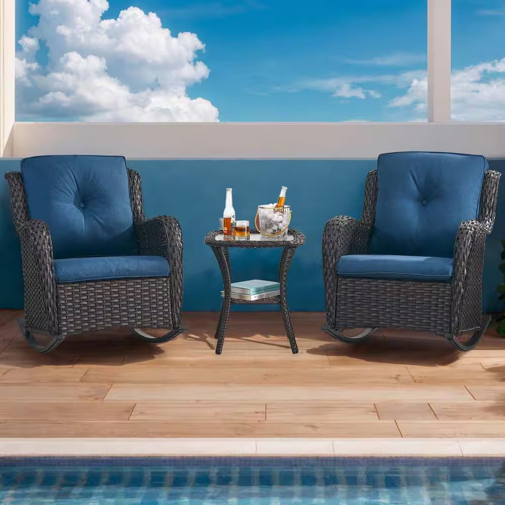 Outdoor Brown Wicker Outdoor Rocking Chair with Cushionguard Blue Cushions Patio (Set 2-Pack)
