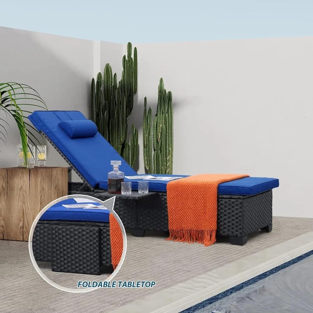 UOPYNE Pool Patio Chaise, Outdoor Chaise Lounge Chair Furniture Set of 2 Black Rattan Adjustable Backrest Recliners Blue Cushion Garden Furniture Sets for Outside Sunbathing Camping Beach