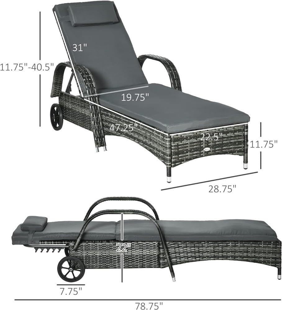 2 Pieces Patio PE Wicker Chaise Lounge with Wheels, Pool Patio Chaise, Adjustable Backrest PE Rattan Pool Lounge Chair with Wheels,Outdoor Patio Furniture Set, for Outside Sunbathing Camping Beach