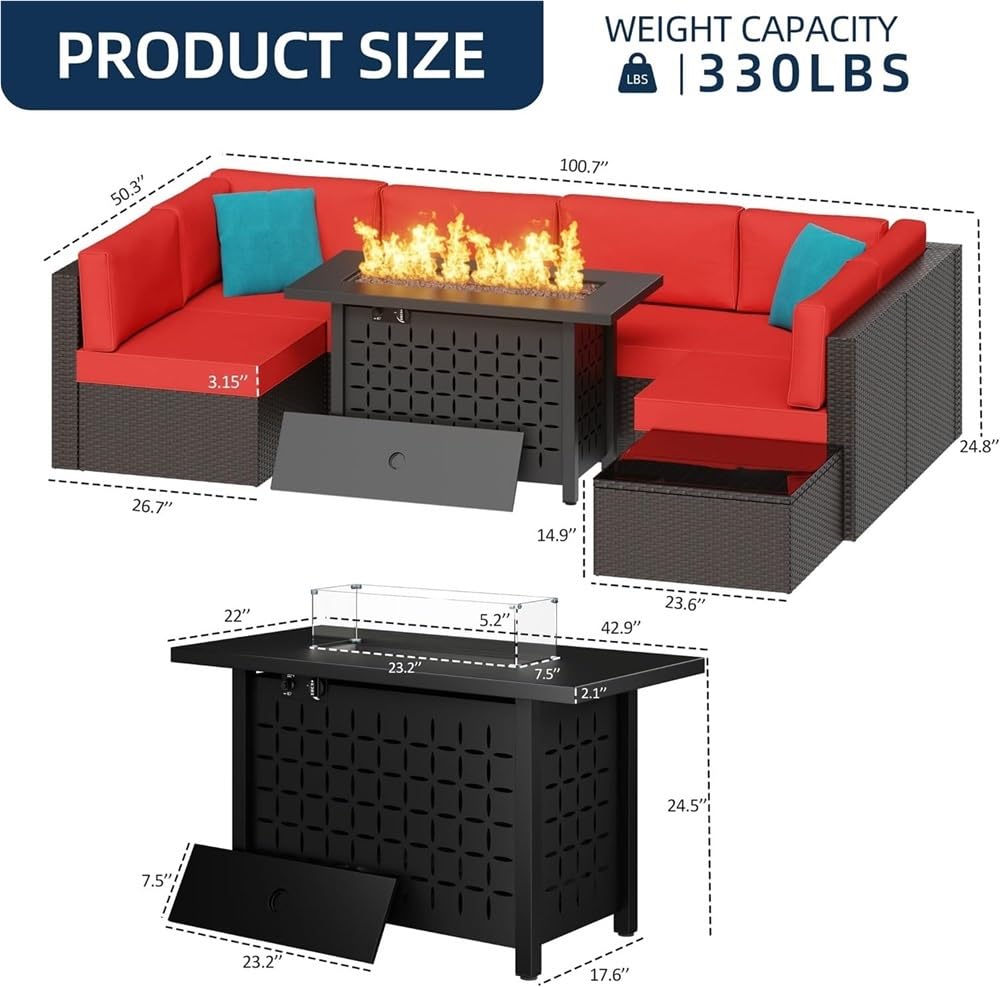 UOPYNE 8 Pieces Outdoor Patio Porch Furniture Sets with Propane Fire Pit Outdoor Wicker Sofa Set Rattan Patio Furniture with Tea Table and Comfortable Cushions