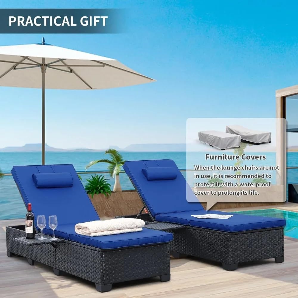 UOPYNE Pool Patio Chaise, Outdoor Chaise Lounge Chair Furniture Set of 2 Black Rattan Adjustable Backrest Recliners Blue Cushion Garden Furniture Sets for Outside Sunbathing Camping Beach