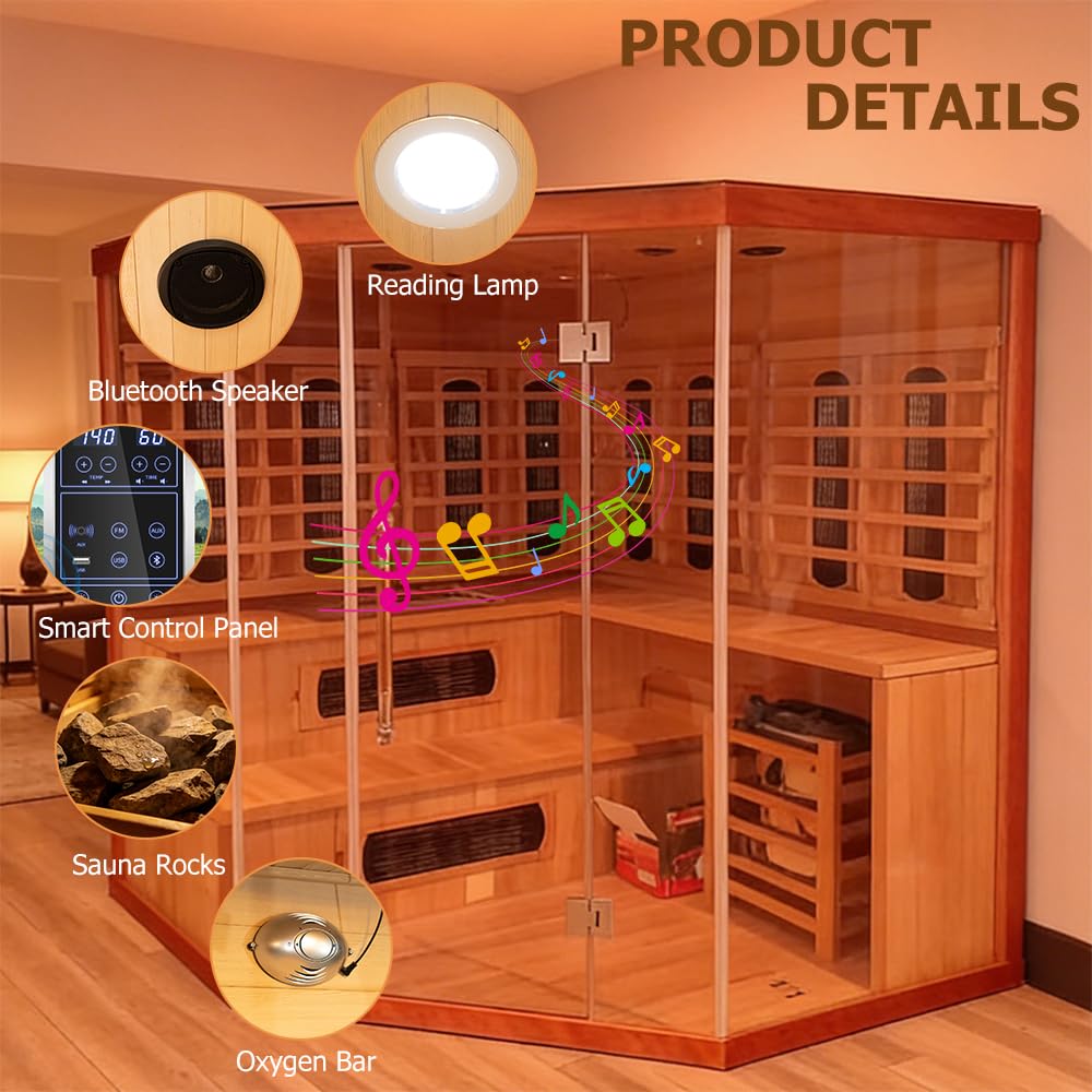 Smartmak 6-8 Person Hybrid Corner Home Wood Sauna, Canadian Red Cedar WiFi Indoor Traditional Steam & Full Spectrum Infrared Saunas Spa, 10 Heating Elements & Harvia Stove (0-195℉)