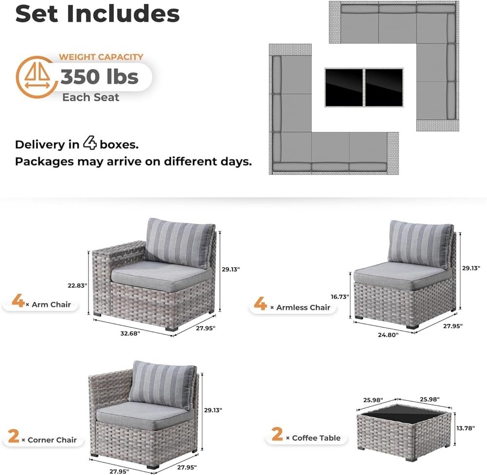 HTERWQEA Patio Furniture Set 12 Piece, Outdoor Wicker Sectional Sofa Set with High Back Swivel Rocker Chairs, Rattan Seating with 4" Thick Cushions for Porch Backyard Garden, Glass Coffee Table