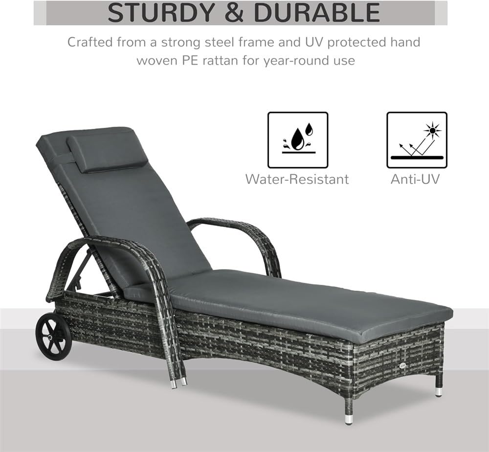 2 Pieces Patio PE Wicker Chaise Lounge with Wheels, Pool Patio Chaise, Adjustable Backrest PE Rattan Pool Lounge Chair with Wheels,Outdoor Patio Furniture Set, for Outside Sunbathing Camping Beach