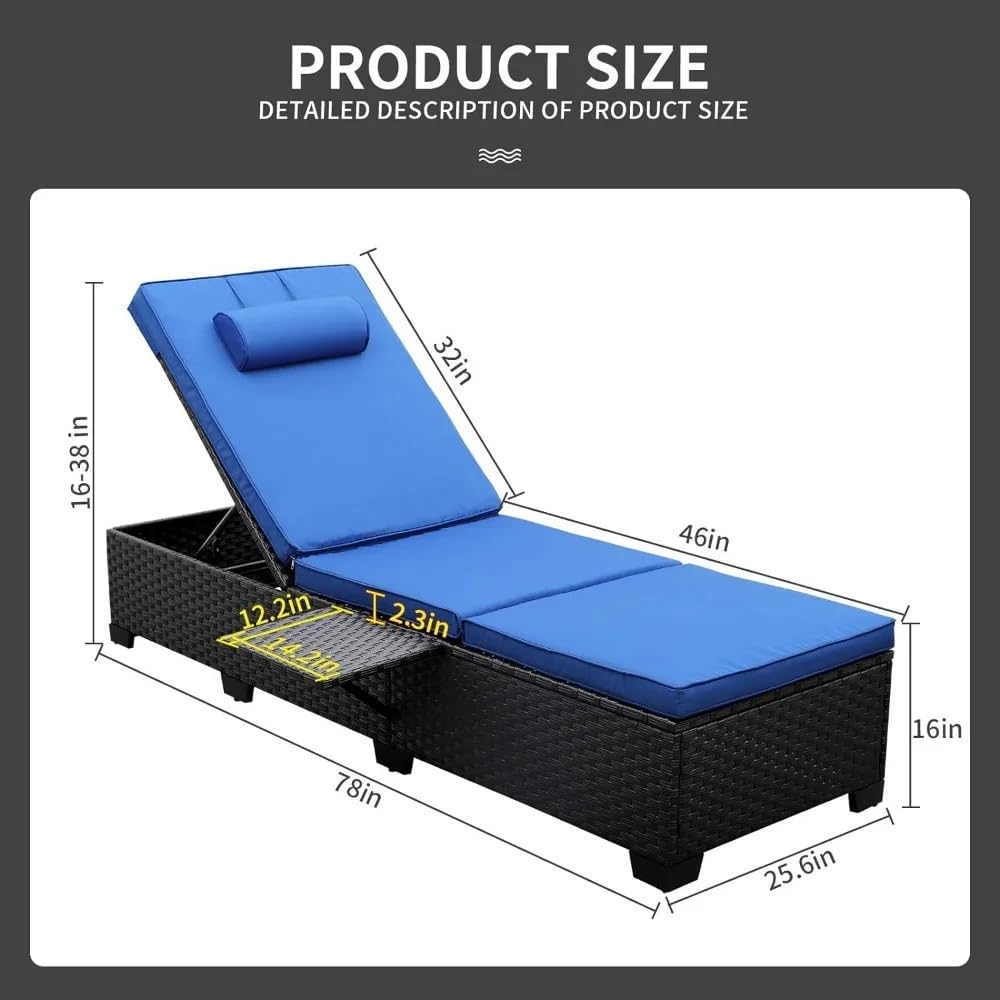 UOPYNE Pool Patio Chaise, Outdoor Chaise Lounge Chair Furniture Set of 2 Black Rattan Adjustable Backrest Recliners Blue Cushion Garden Furniture Sets for Outside Sunbathing Camping Beach