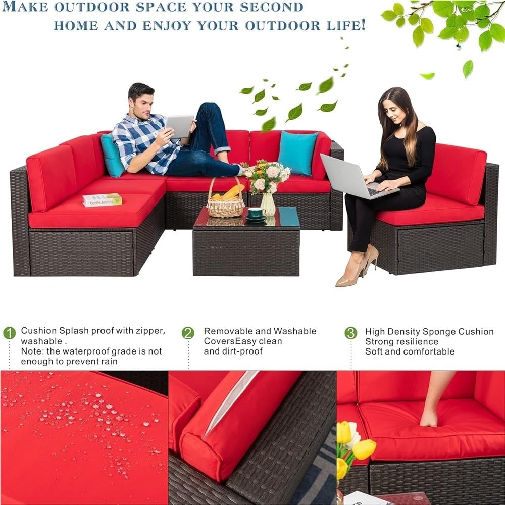 UOPYNE 8 Pieces Outdoor Patio Porch Furniture Sets with Propane Fire Pit Outdoor Wicker Sofa Set Rattan Patio Furniture with Tea Table and Comfortable Cushions
