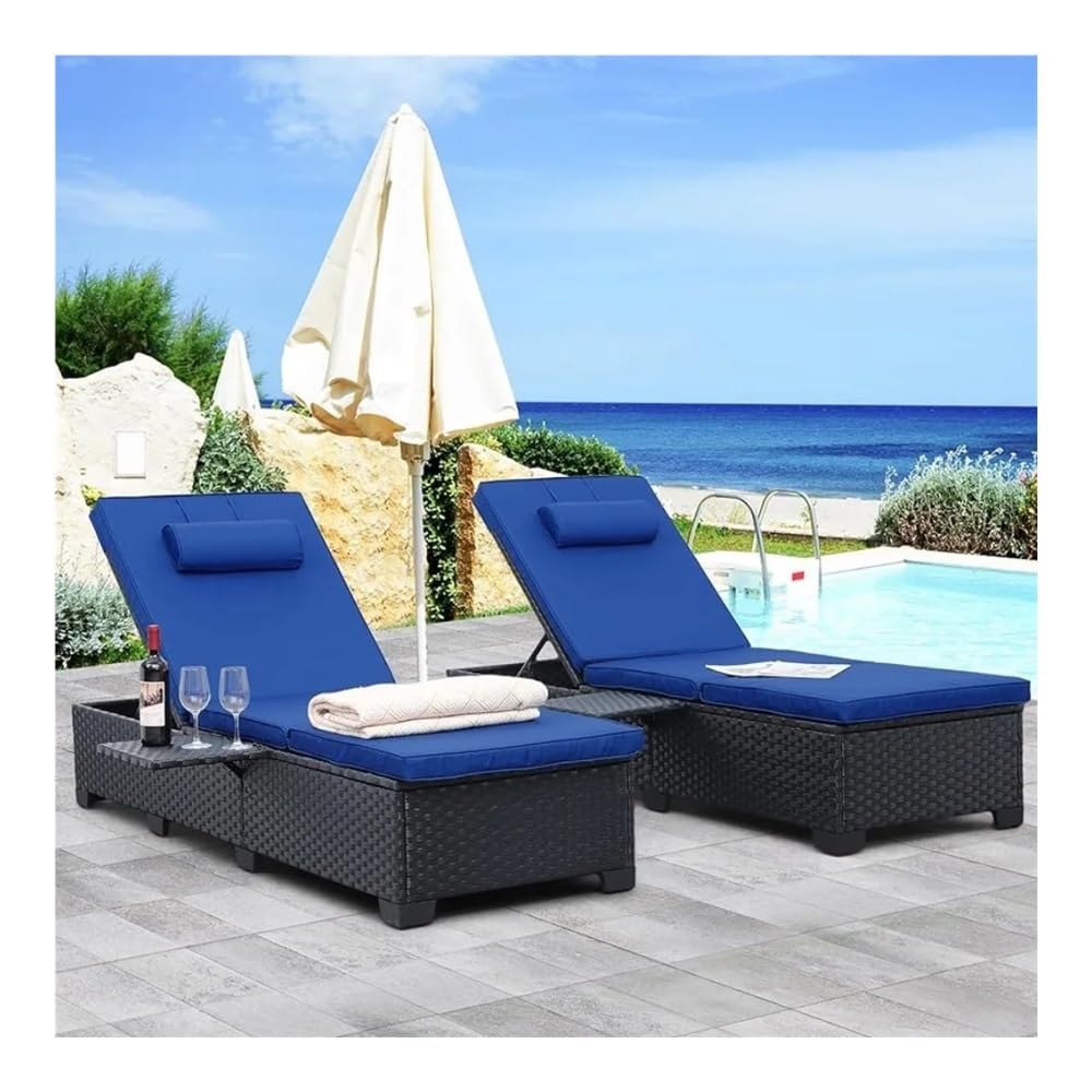 UOPYNE Pool Patio Chaise, Outdoor Chaise Lounge Chair Furniture Set of 2 Black Rattan Adjustable Backrest Recliners Blue Cushion Garden Furniture Sets for Outside Sunbathing Camping Beach