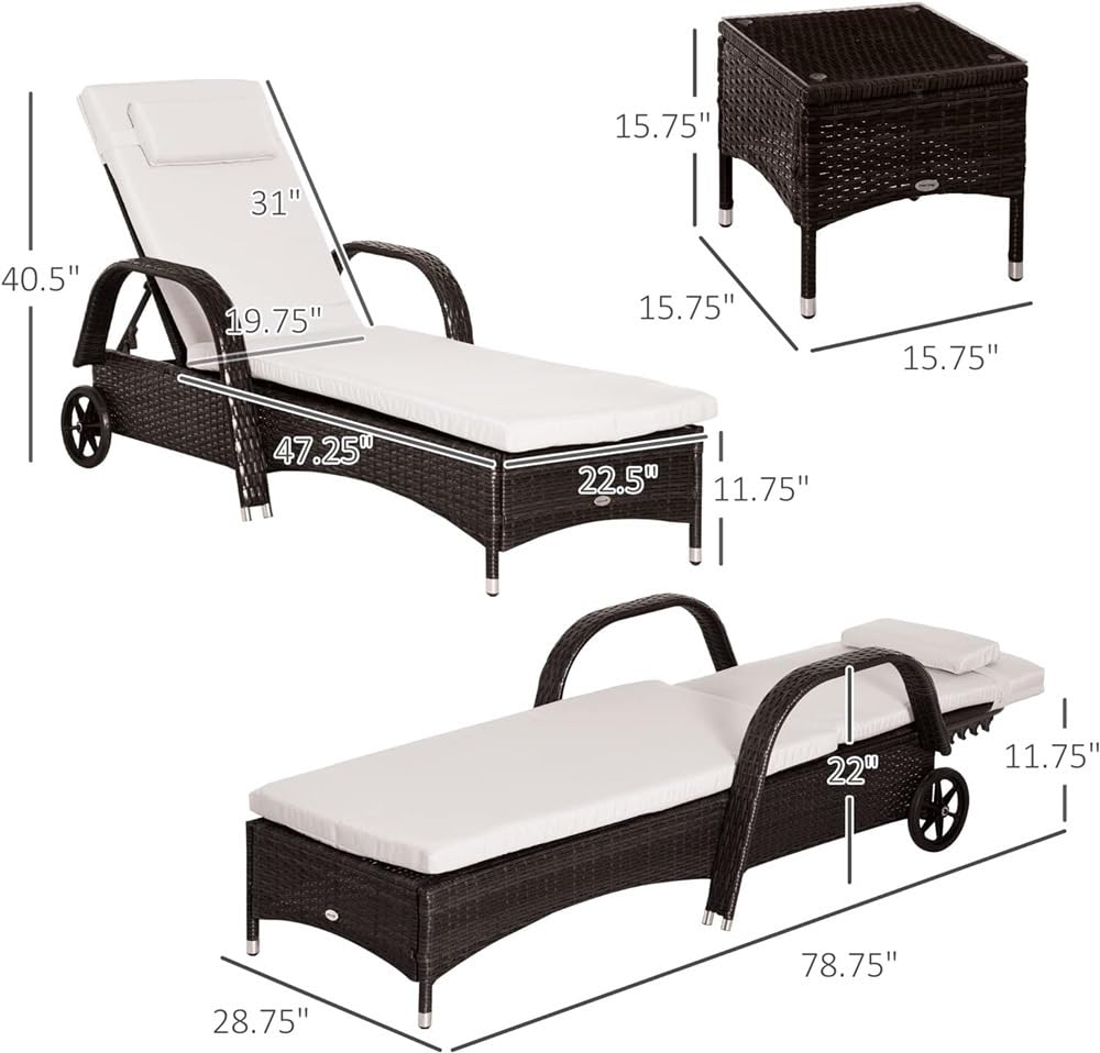 UOPYNE 3 Pieces Patio Furniture Set, Patio Chaise with Wheels, Wicker Outdoor Chaise Lounge Set of, Adjustable Backrest PE Rattan Pool Lounge Chair for Outside Sunbathing Pool Camping Bea