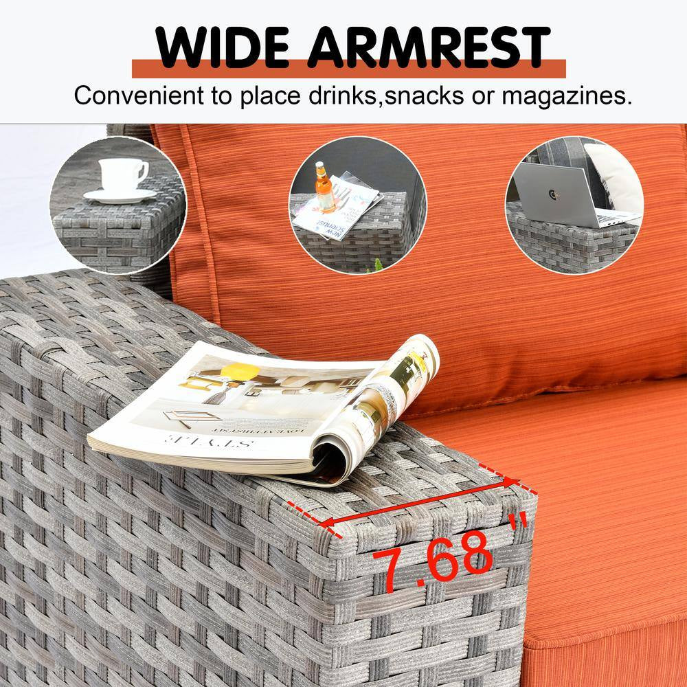 Metis 9-Piece Wicker Outdoor Patio Fire Pit Sectional Sofa Set and with Orange Red Cushions and Swivel Rocking Chairs