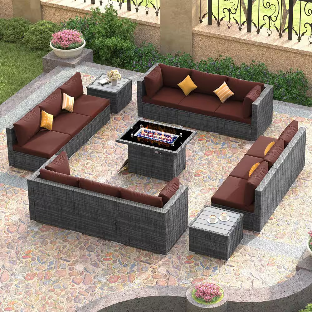 15-Piece Large Size Gray Wicker Patio Conversation Sofa Set with Dark Red Cushions Fire Pit Table and Coffee Tables
