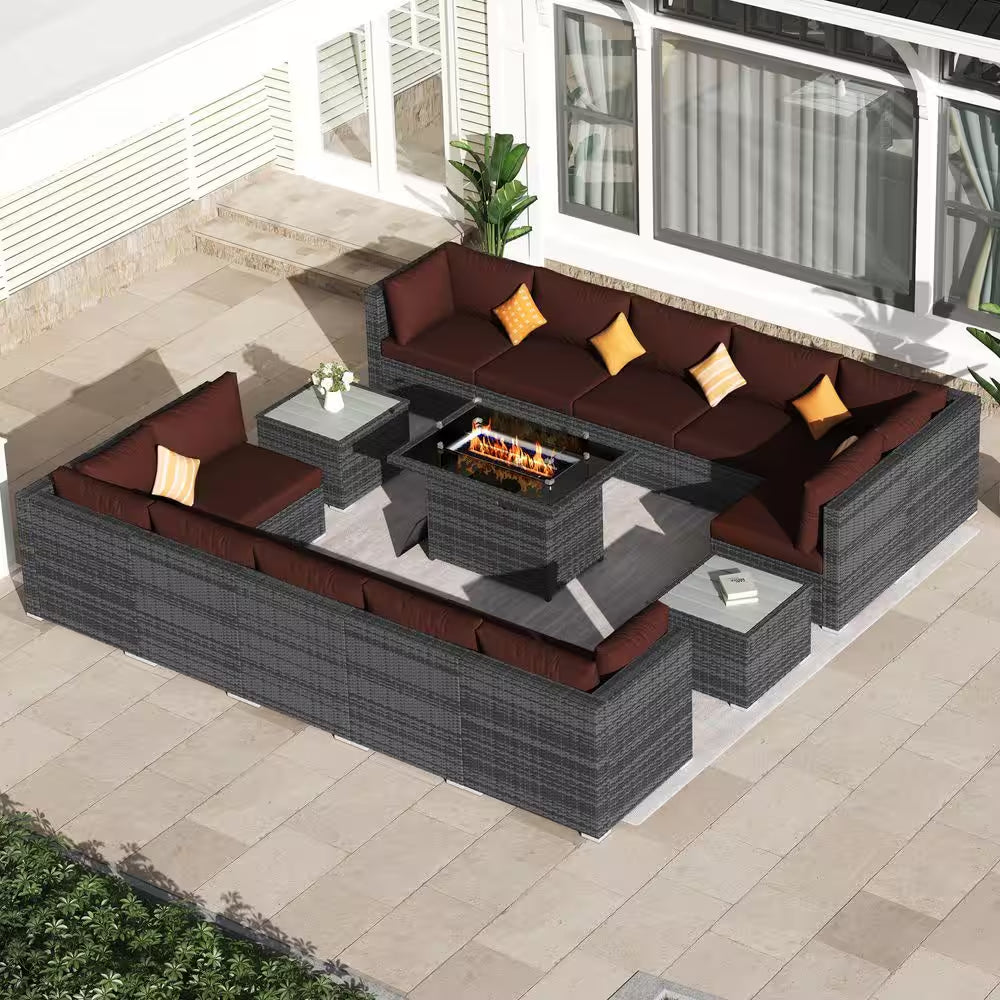 15-Piece Large Size Gray Wicker Patio Conversation Sofa Set with Dark Red Cushions Fire Pit Table and Coffee Tables