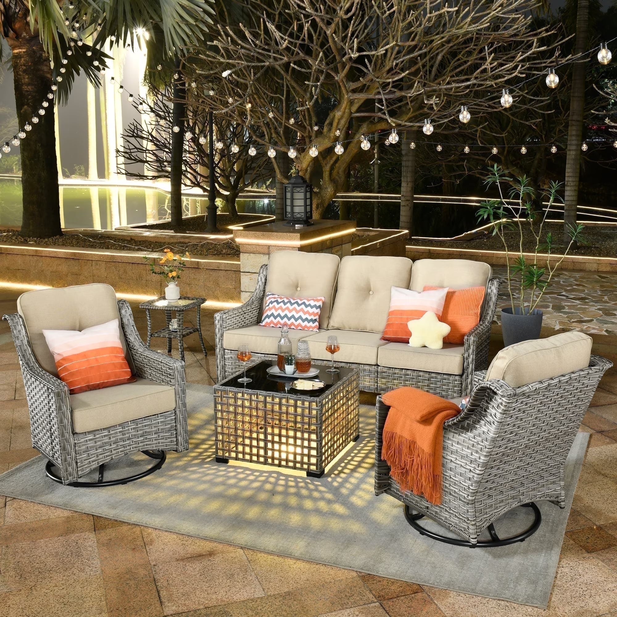 5 Pieces Outdoor Patio Furniture Set High-Back Rattan Wicker Conversation Set Outdoor Sectional with Swivel Chairs & Solar Light Coffee Table, Beige