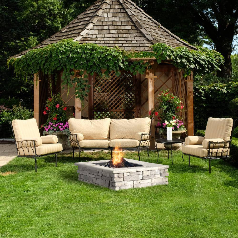 28 In. X 14 In. Steel Wood Random Stone Gray Square Fire Pit