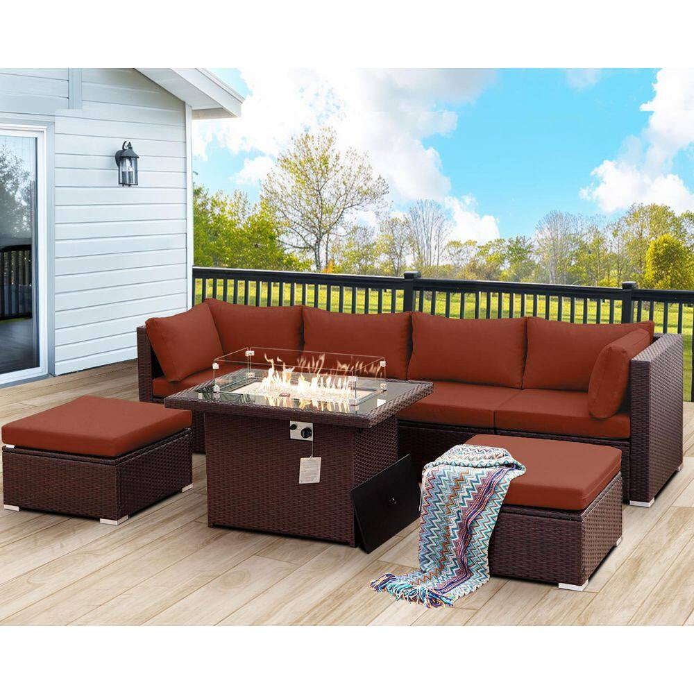 7 Piece Large Espresso Wicker Patio Fire Pit Sectional Deep Seating Sofa Set with Ottamans and Ruby Red Cushions