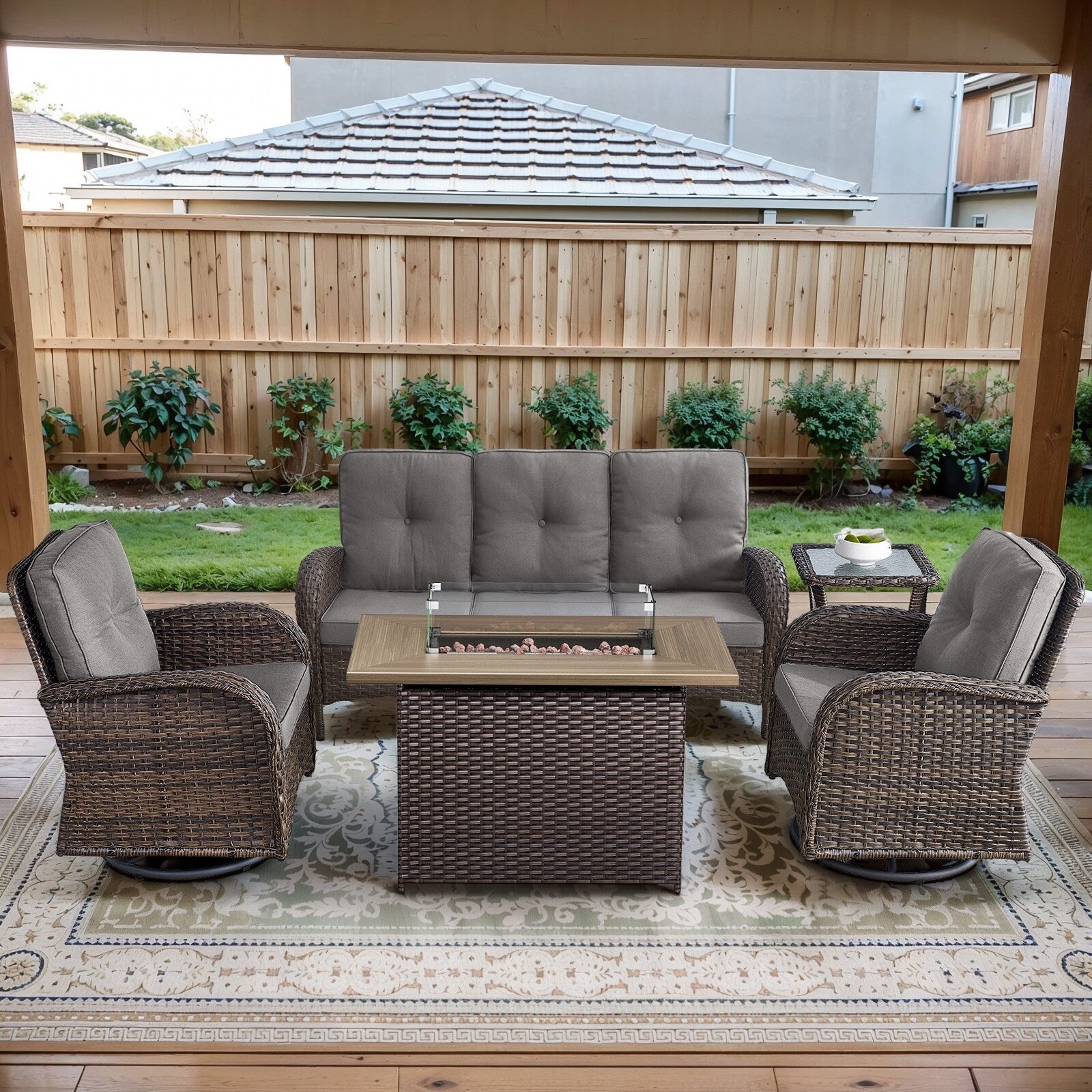 Outdoor Fire Pit Conversation Set, 3-Seat Sofa & Chairs Patio Furniture Set