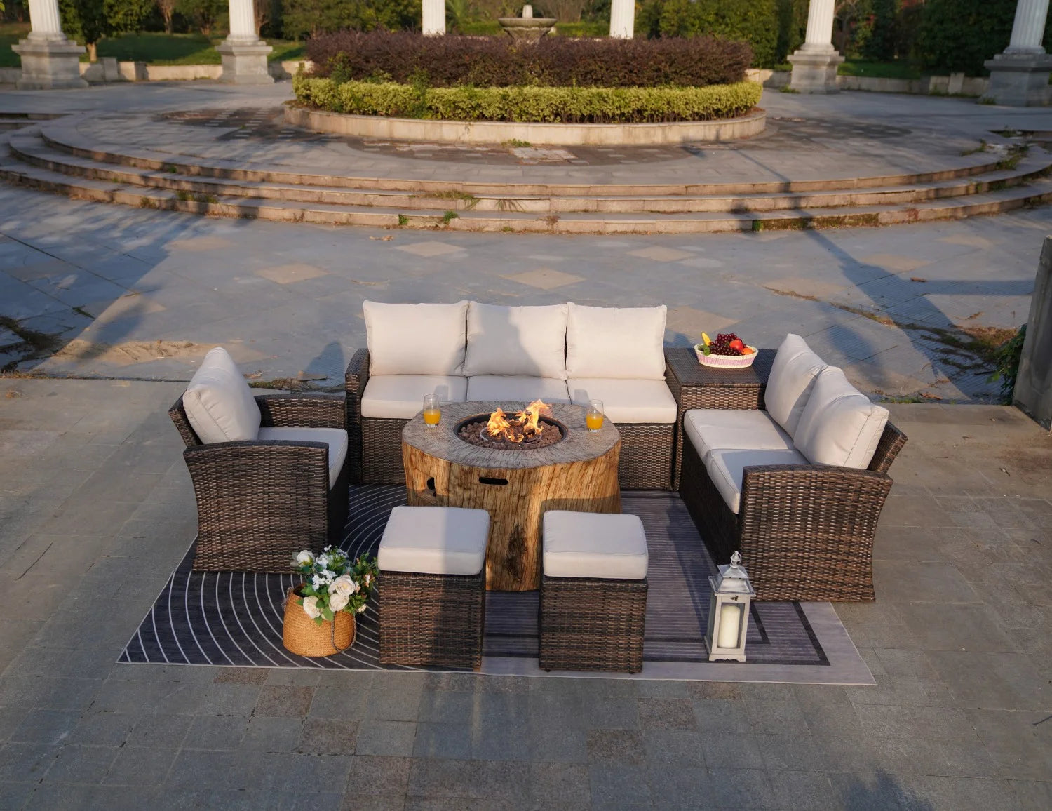 7-Piece Patio Brown Wicker Conversation Sofa Set with 40" Fire Pit Table