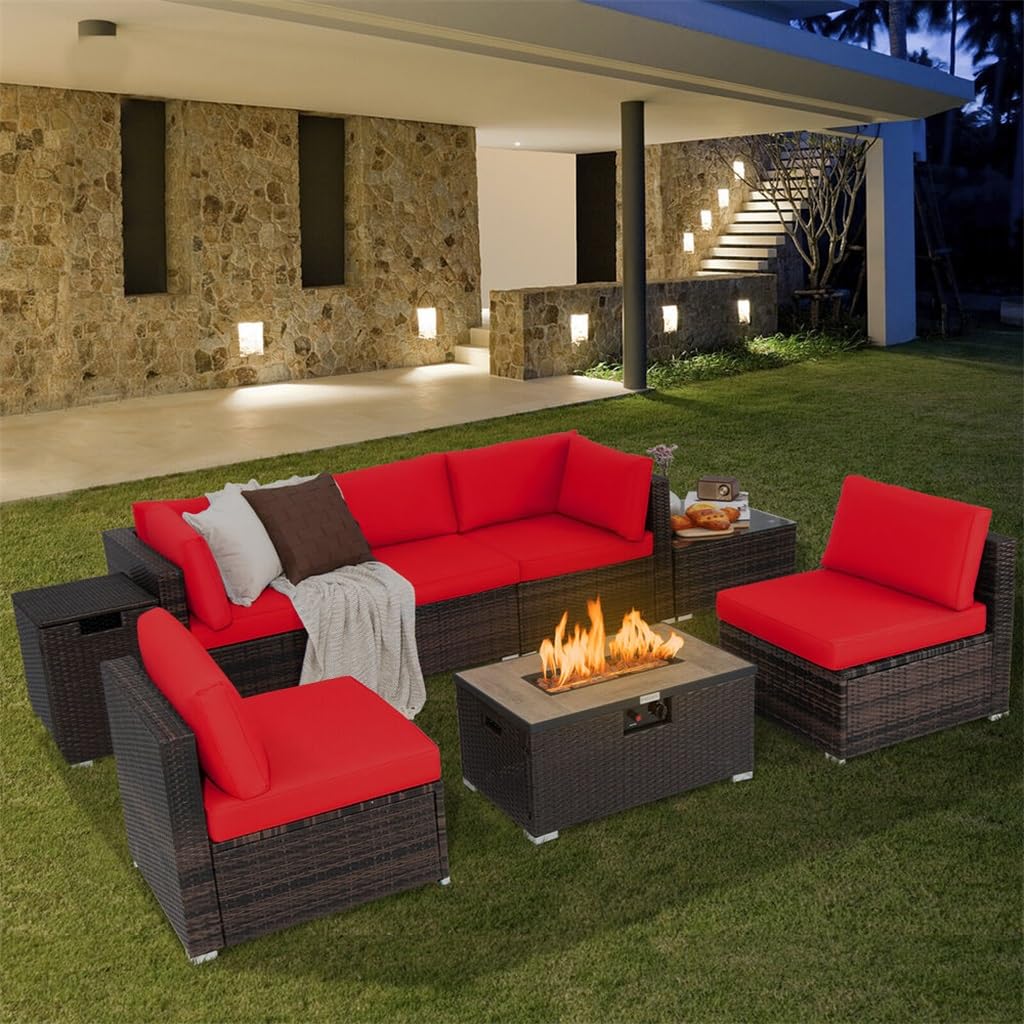 YWMLFZ 8PCS Patio Rattan Furniture Set Fire Pit Table Tank Holder Cover Deck Red