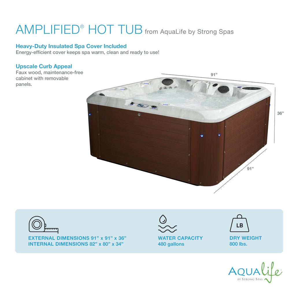 AquaLife Amplified™ 6-Person 100-Jet Acrylic Double Lounger Hot Tub with Bluetooth Stereo, LED Lighting, Insulated Cover, Stainless Steel Heater and Ozonator