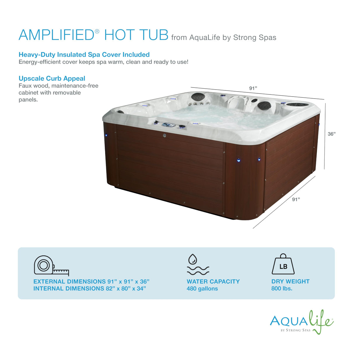 AquaLife Amplified™ 6-Person 100-Jet Acrylic Double Lounger Hot Tub with Bluetooth Stereo, LED Lighting, Insulated Cover, Stainless Steel Heater and Ozonator