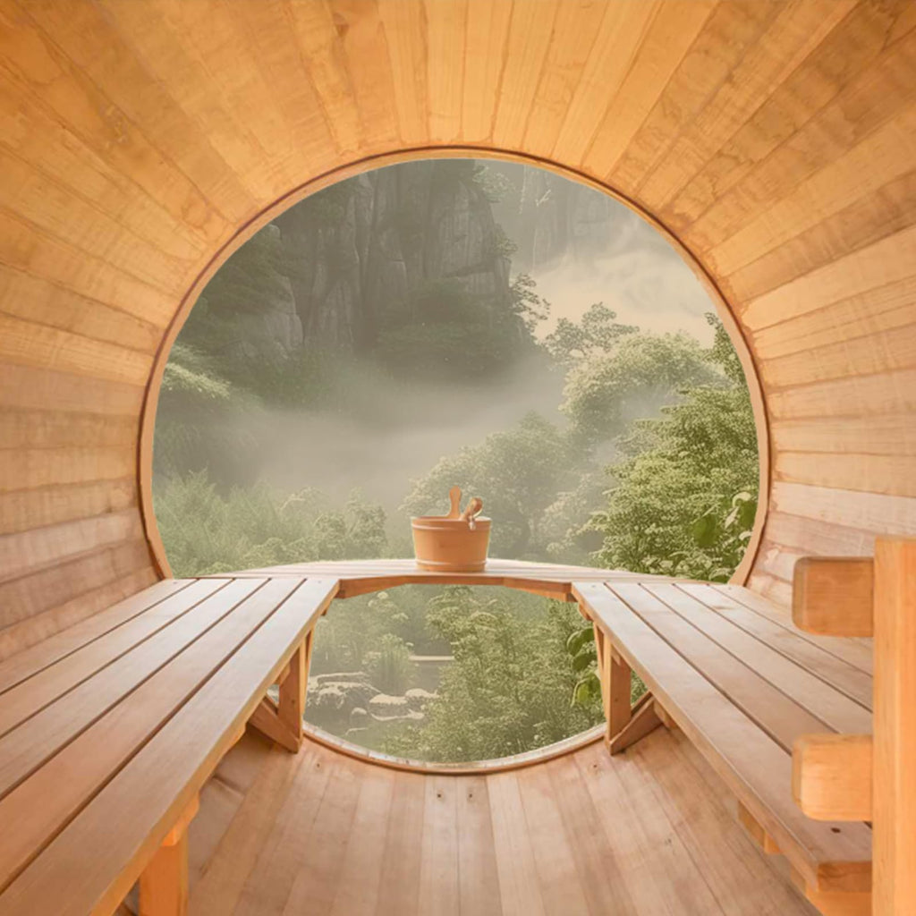Smartmak Outdoor Panoramic Barrel Sauna, 6-8 People Imported Canadian Hemlock Sauna, 6KW Harvia Electric Heating Furnace, Asphalt Shingle Roof with Sauna Stone, Wooden Barrels, Sauna Accessories