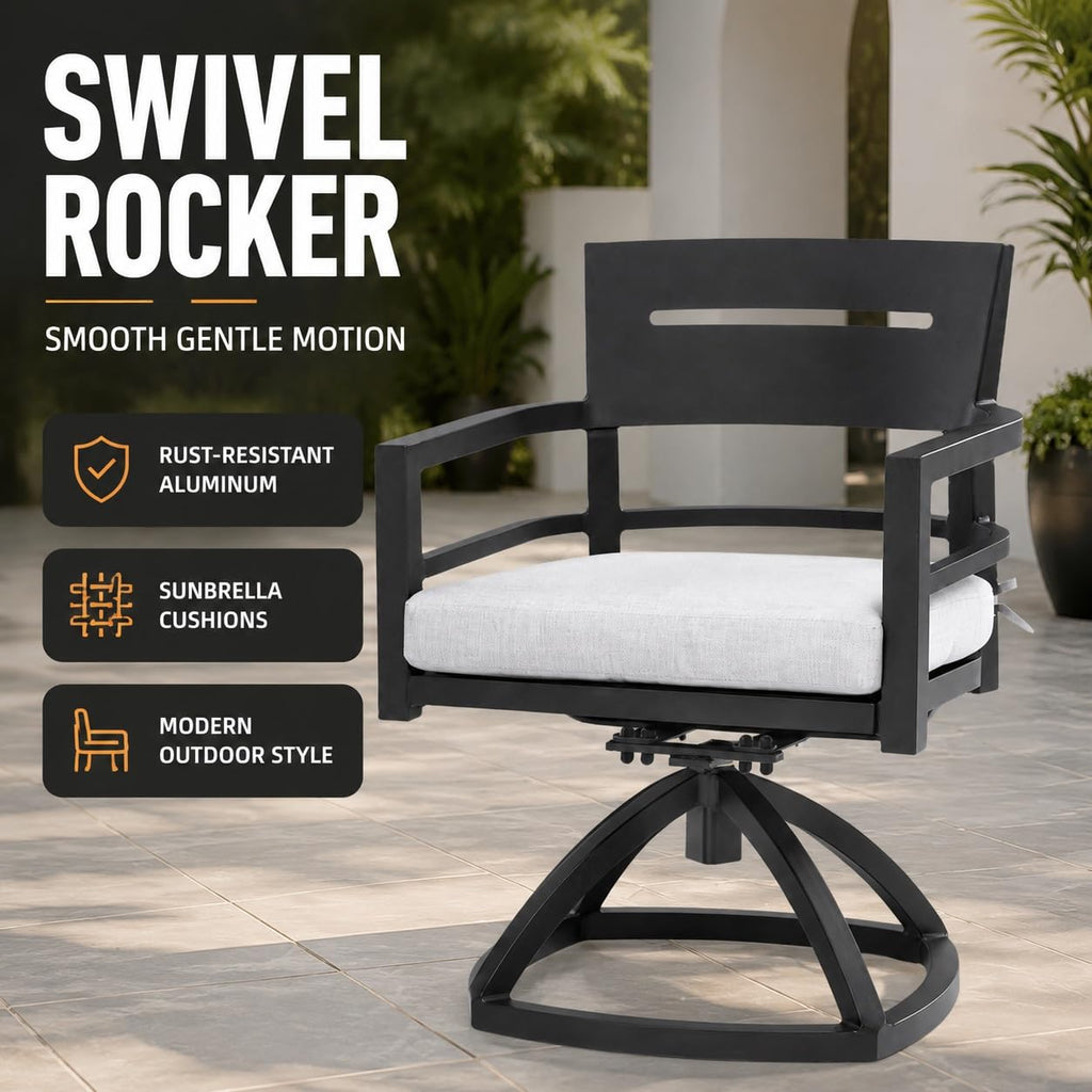 Lekit 2 Piece Aluminum Swivel Rocker Chair Set with Sunbrella Cushions, Rust-Resistant Patio Seating, Ember Black