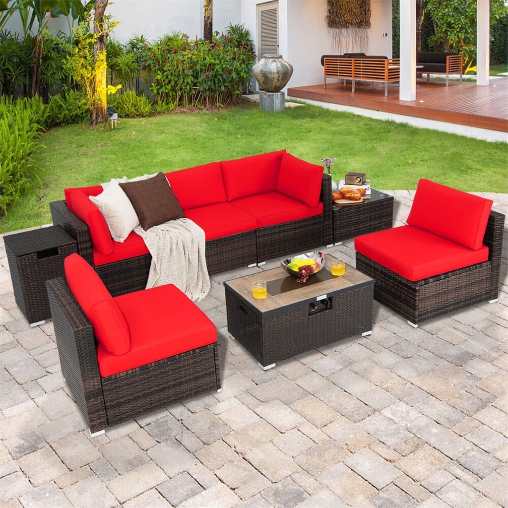 YWMLFZ 8PCS Patio Rattan Furniture Set Fire Pit Table Tank Holder Cover Deck Red