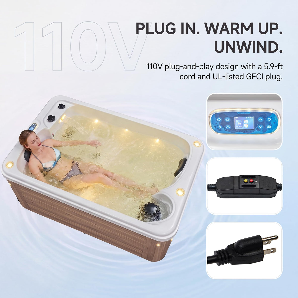 Acrylic Hot Tub Indoor Outdoor - 2 Person Bathtub for Family 22 Hydro Jets, 2 Speakers, LED Lights, Ozonator & Cover – Taupe Colored Ground Spa Machine for Relaxation (2 Person)