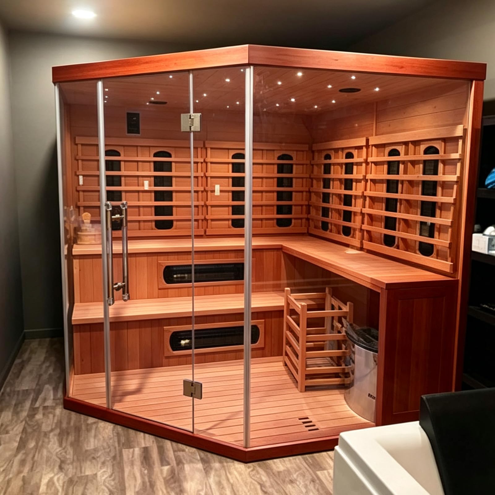 Smartmak 6-8 Person Hybrid Corner Home Wood Sauna, Canadian Red Cedar WiFi Indoor Traditional Steam & Full Spectrum Infrared Saunas Spa, 10 Heating Elements & Harvia Stove (0-195℉)