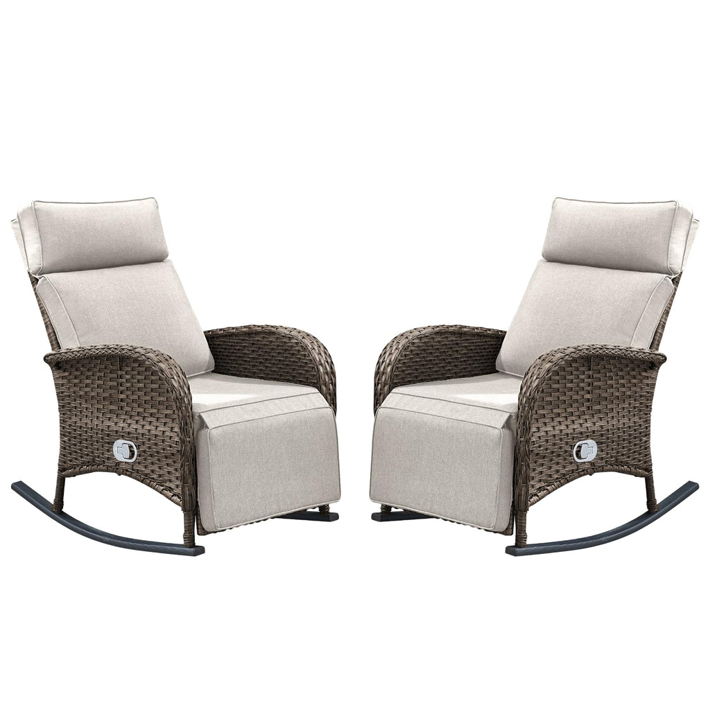 ACTREST Outdoor Recliner Rocking Chairs with Adjustable Backrest&Ottoman - Set of 2 Dural-Adjust High Back Brown Wicker Patio Lounges Reclining Rockers for Porch Poolside Pool Sunbathing - Beige