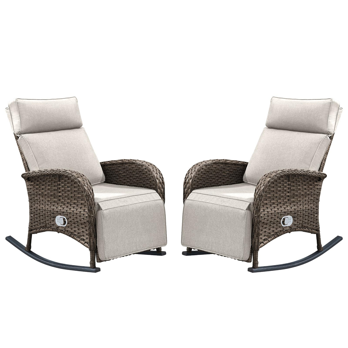 ACTREST Outdoor Recliner Rocking Chairs with Adjustable Backrest&Ottoman - Set of 2 Dural-Adjust High Back Brown Wicker Patio Lounges Reclining Rockers for Porch Poolside Pool Sunbathing - Beige