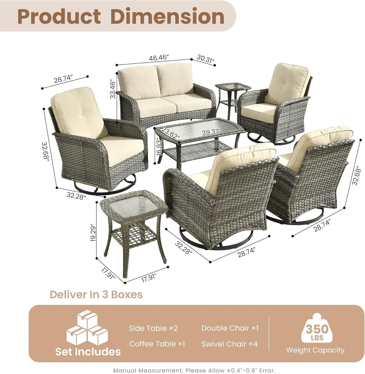 KswyyuwxgqI 8 Pieces Outdoor Patio Furniture Set with All Weather Wicker Loveseat Sofa, High Back Swivel Rocking Chairs, Conversation Tables for Backyard Deck Porch Garden(Beige)