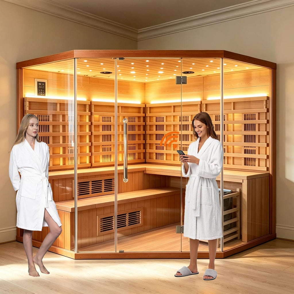 Smartmak 6-8 Person Hybrid Corner Home Wood Sauna, Canadian Red Cedar WiFi Indoor Traditional Steam & Full Spectrum Infrared Saunas Spa, 10 Heating Elements & Harvia Stove (0-195℉)