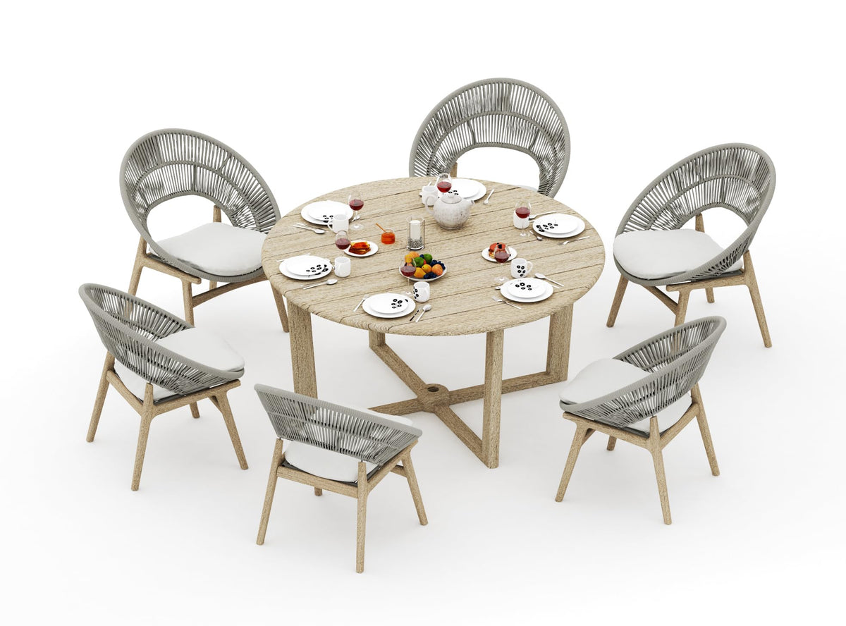 WholesaleTeakFurniture Grade-A Weathered Teak Wood 6 Seater 7 Pc Dining Set: 60" SEMA Round Table and 6 Robas Arm Chairs #21Ro3506