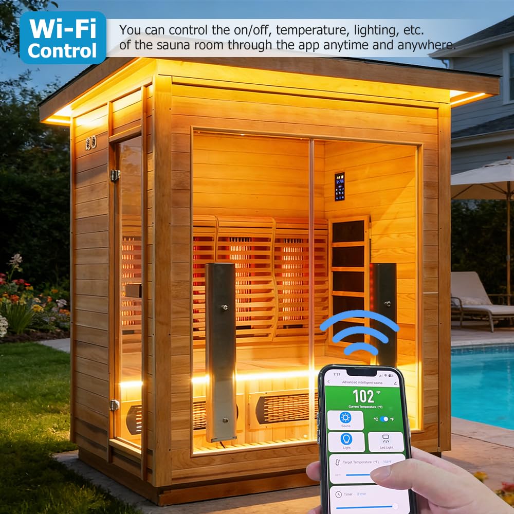 3-4 Person Luxurious Hybrid Home Wood Sauna, Outdoor WiFi Control Hemlock Traditional Steam Sauna & Far Infrared Spa Room with Full-spectrum Red light Heating Tubes & Electric Stove, Accessories