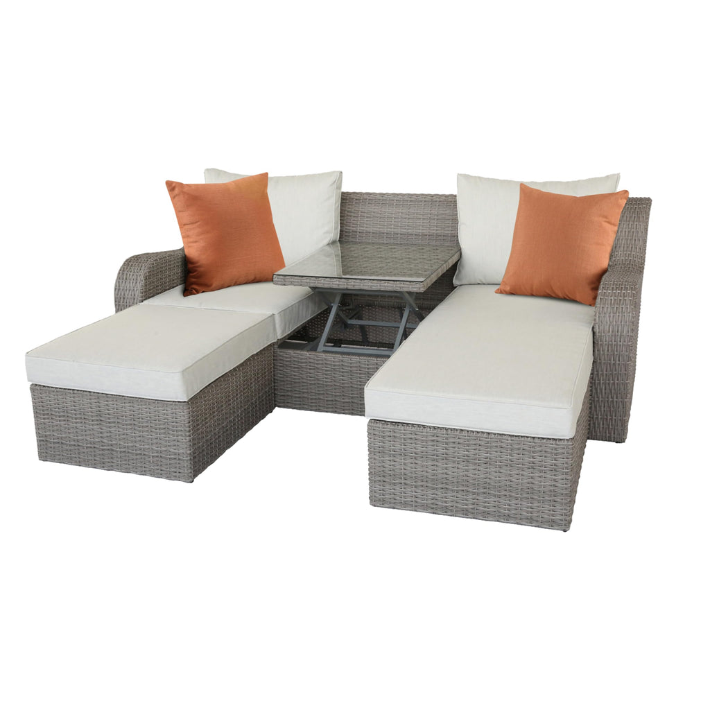 Beige Fabric Gray Wicker Patio Sofa W,2 Pillows 2 Ottomans