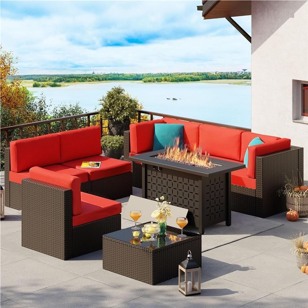 UOPYNE 8 Pieces Outdoor Patio Porch Furniture Sets with Propane Fire Pit Outdoor Wicker Sofa Set Rattan Patio Furniture with Tea Table and Comfortable Cushions