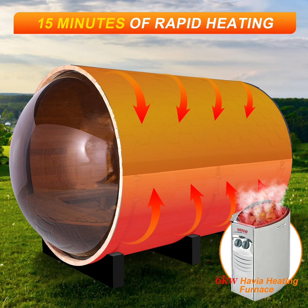 Smartmak Outdoor Panoramic Barrel Sauna, 6-8 People Imported Canadian Hemlock Sauna, 6KW Harvia Electric Heating Furnace, Asphalt Shingle Roof with Sauna Stone, Wooden Barrels, Sauna Accessories
