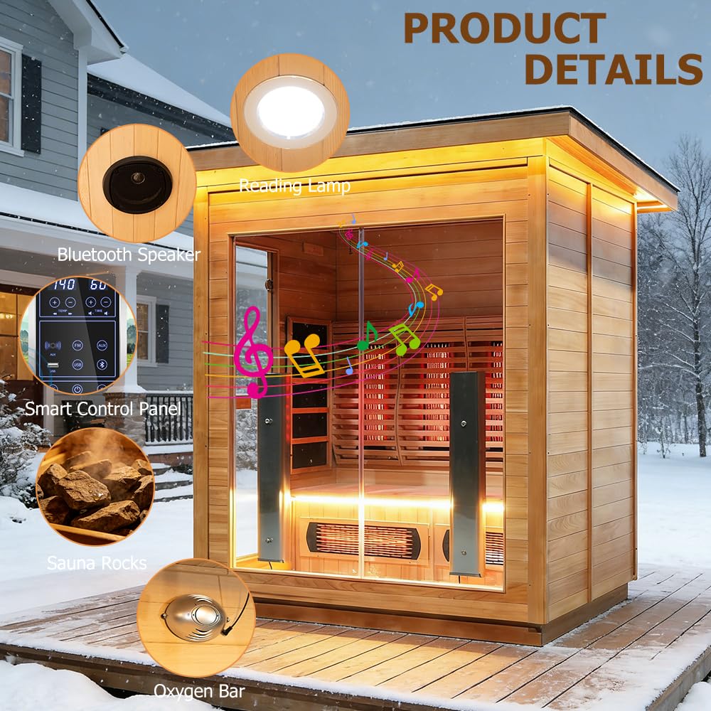3-4 Person Luxurious Hybrid Home Wood Sauna, Outdoor WiFi Control Hemlock Traditional Steam Sauna & Far Infrared Spa Room with Full-spectrum Red light Heating Tubes & Electric Stove, Accessories