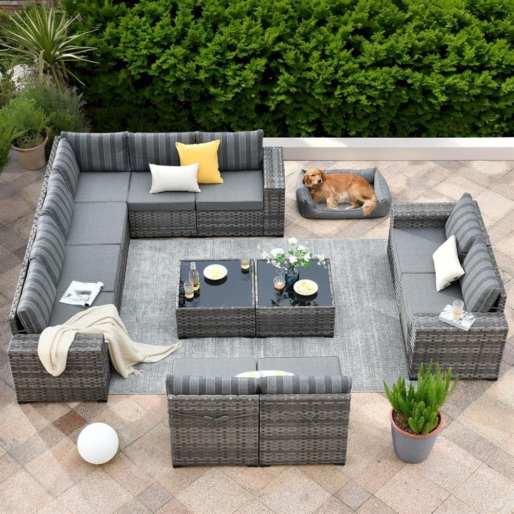 HTERWQEA Patio Furniture Set 12 Piece, Outdoor Wicker Sectional Sofa Set with High Back Swivel Rocker Chairs, Rattan Seating with 4" Thick Cushions for Porch Backyard Garden, Glass Coffee Table