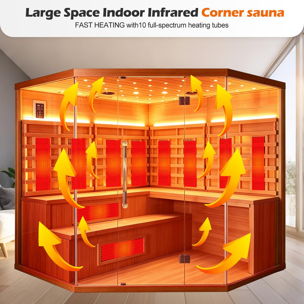 Smartmak 6-8 Person Hybrid Corner Home Wood Sauna, Canadian Red Cedar WiFi Indoor Traditional Steam & Full Spectrum Infrared Saunas Spa, 10 Heating Elements & Harvia Stove (0-195℉)