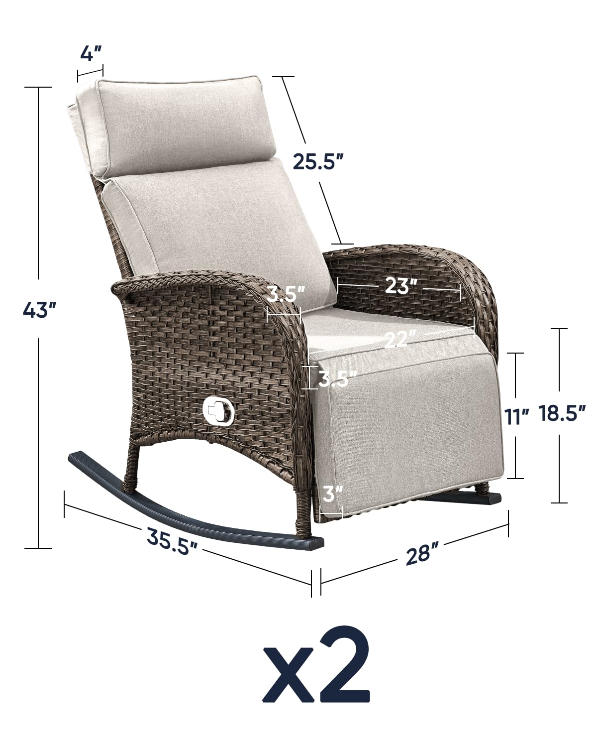 ACTREST Outdoor Recliner Rocking Chairs with Adjustable Backrest&Ottoman - Set of 2 Dural-Adjust High Back Brown Wicker Patio Lounges Reclining Rockers for Porch Poolside Pool Sunbathing - Beige
