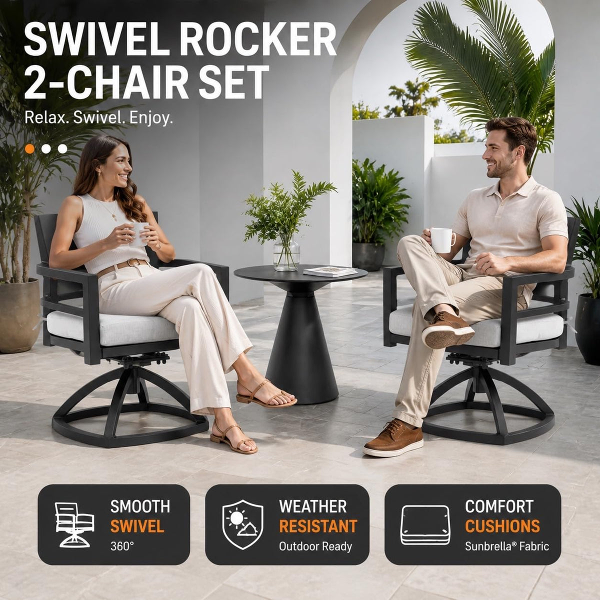 Lekit 2 Piece Aluminum Swivel Rocker Chair Set with Sunbrella Cushions, Rust-Resistant Patio Seating, Ember Black