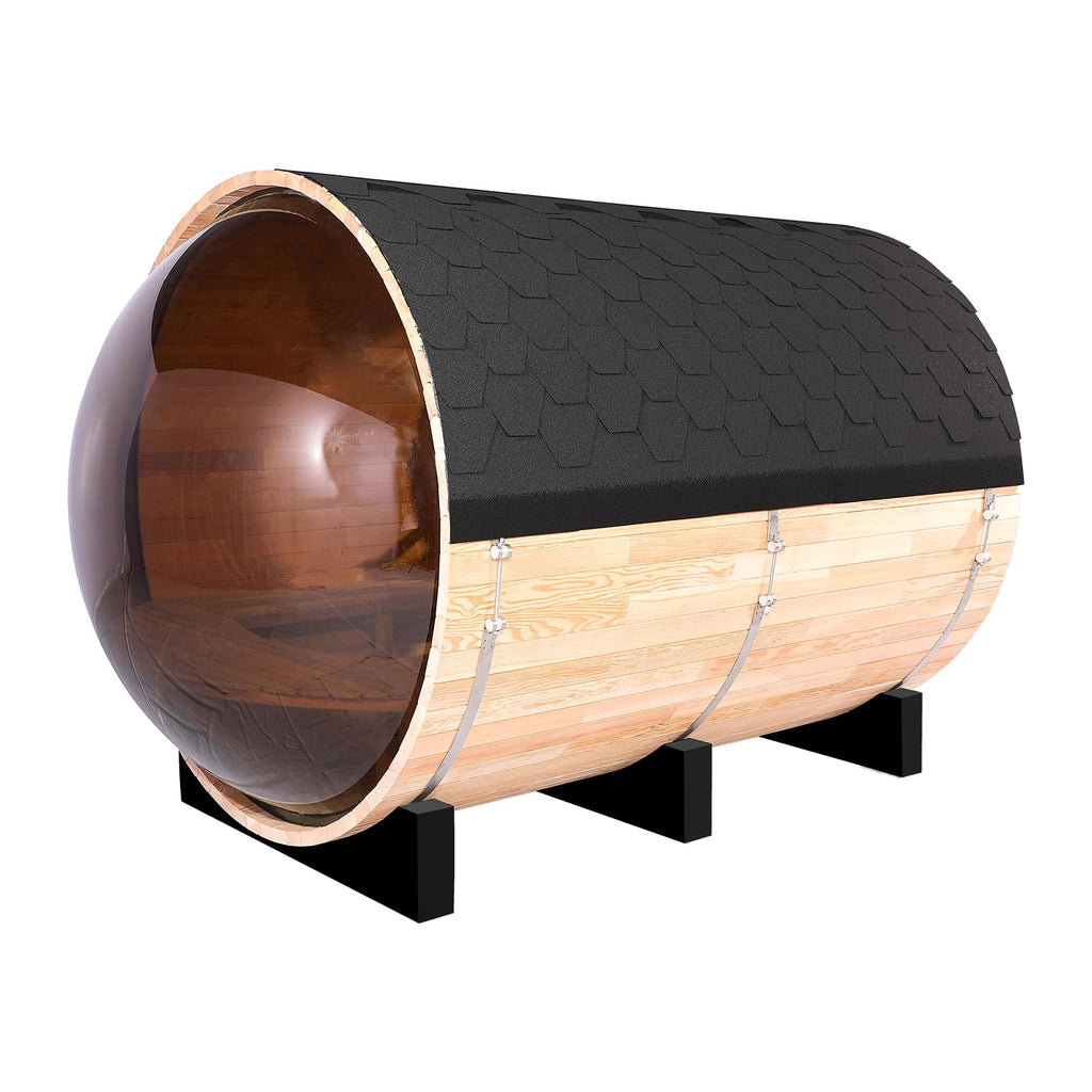 Smartmak Outdoor Panoramic Barrel Sauna, 6-8 People Imported Canadian Hemlock Sauna, 6KW Harvia Electric Heating Furnace, Asphalt Shingle Roof with Sauna Stone, Wooden Barrels, Sauna Accessories